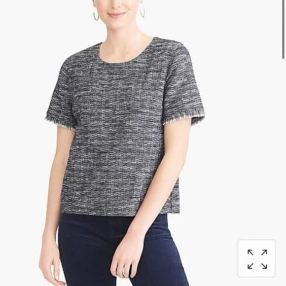 J. Crew Factory Tops - J. Crew Navy Blue Tweed Short Sleeve Fringe Cotton Lined Top Shirt Small EUC